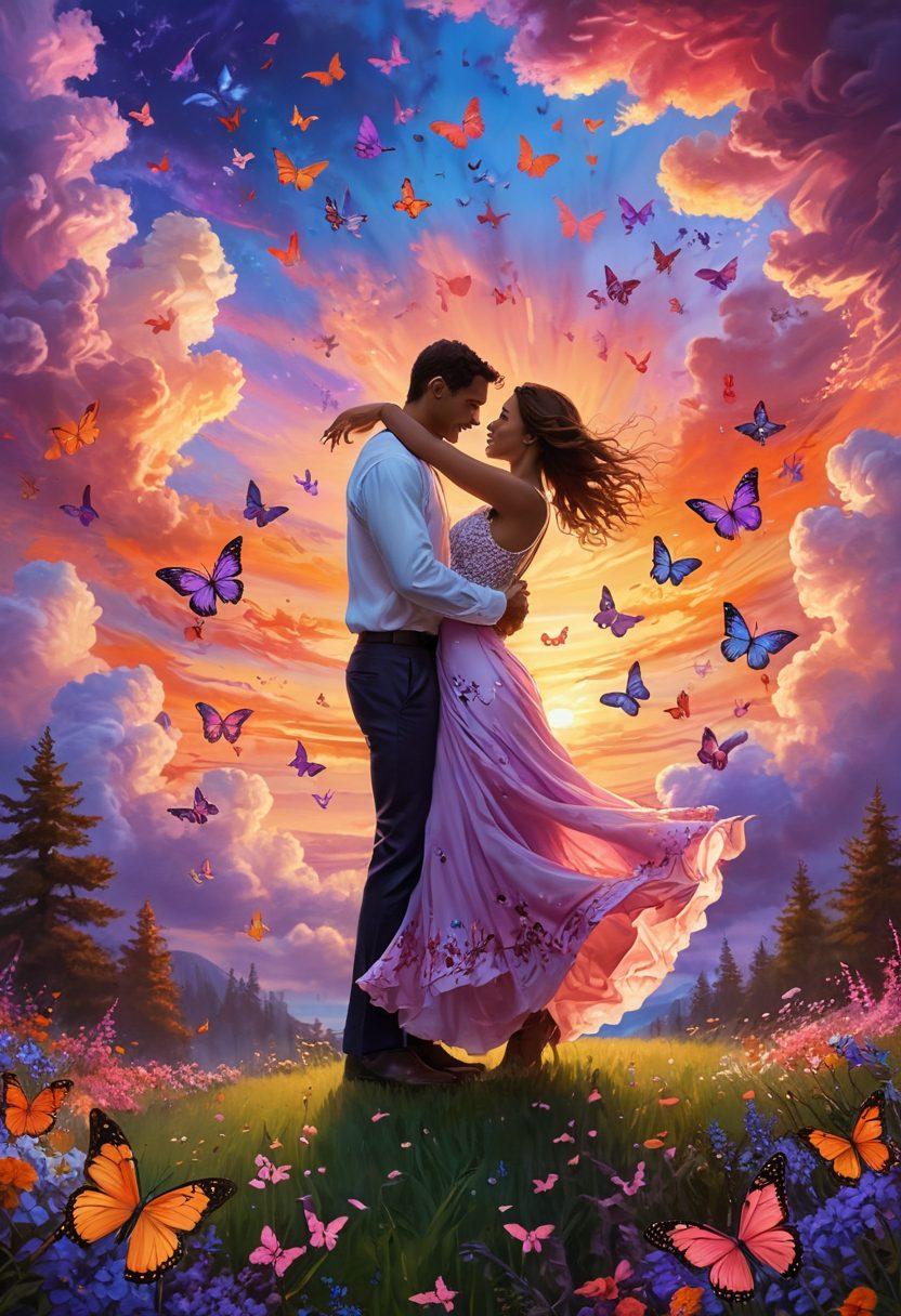 A couple dancing amidst a swirl of colorful butterflies and whimsical clouds, surrounded by floating hearts and vivid flowers. The background features a magical sunset with dreamlike hues, symbolizing love and imagination. The scene should evoke a sense of joy and creativity, inviting viewers to explore their romantic journey. vibrant colors. fantasy art. soft focus.