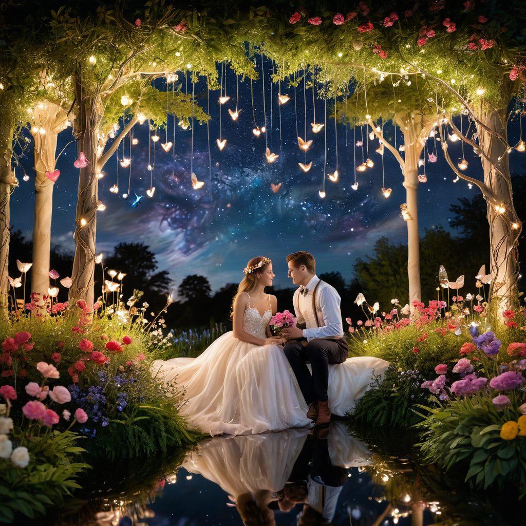 A whimsical scene depicting a couple in a dreamy garden, surrounded by floating hearts, colorful flowers, and sparkling fairy lights, symbolizing the journey from fantasy to reality in love. The couple is sharing a joyful moment, with a blend of magical elements like butterflies and soft clouds illustrating their imaginative love life. The background features a starry night sky, enhancing the romantic atmosphere. vibrant colors. dreamy style. enchanting fantasy.