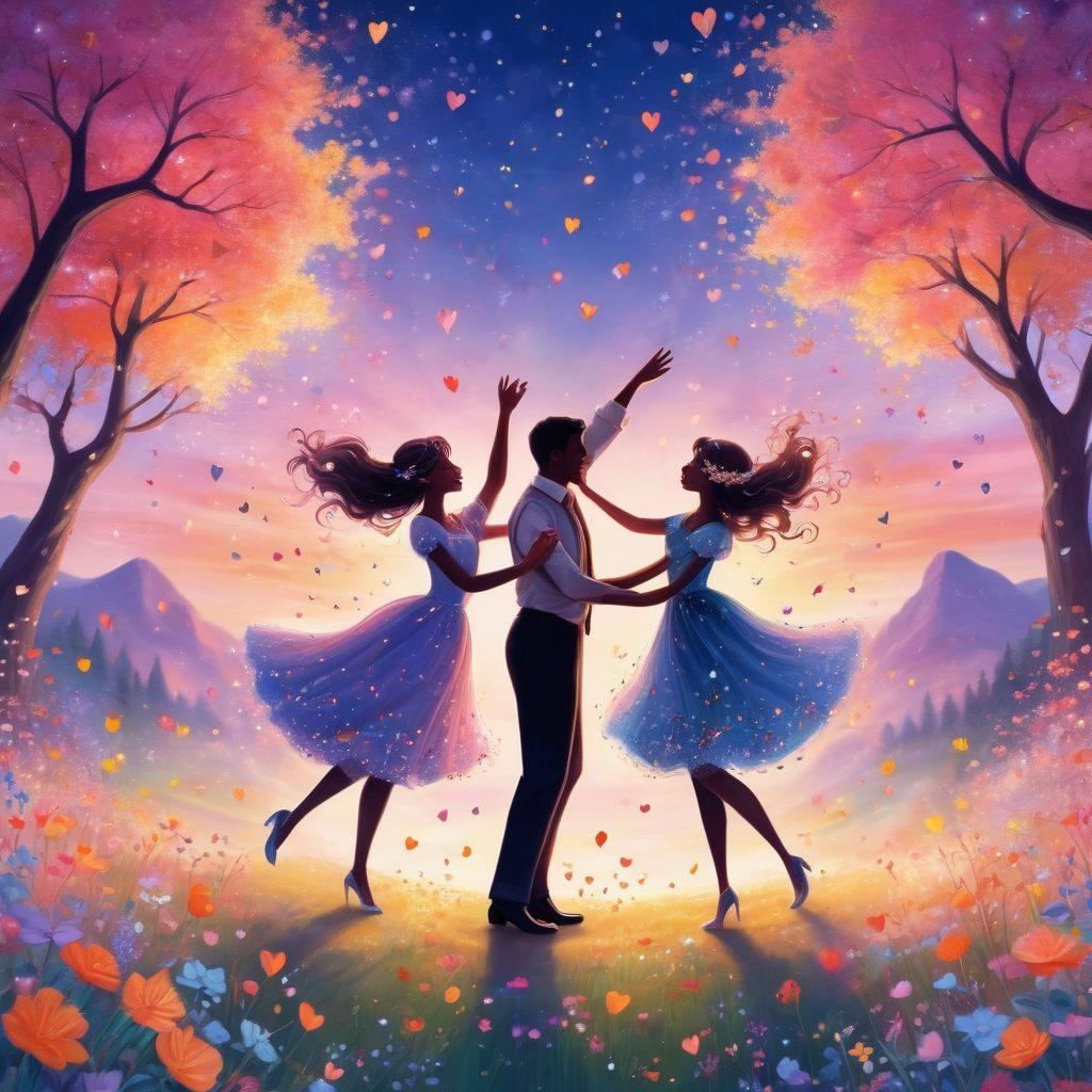 A colorful and dreamy illustration featuring two whimsical characters surrounded by hearts and flowers, symbolizing affection and delight. They are engaged in a playful dance under a vibrant, swirling sky filled with pastel colors. Include elements like sparkling stars and glowing fairy lights to create a magical atmosphere, evoking a sense of warmth and joy in relationships. cartoonish, vibrant colors, ethereal background.